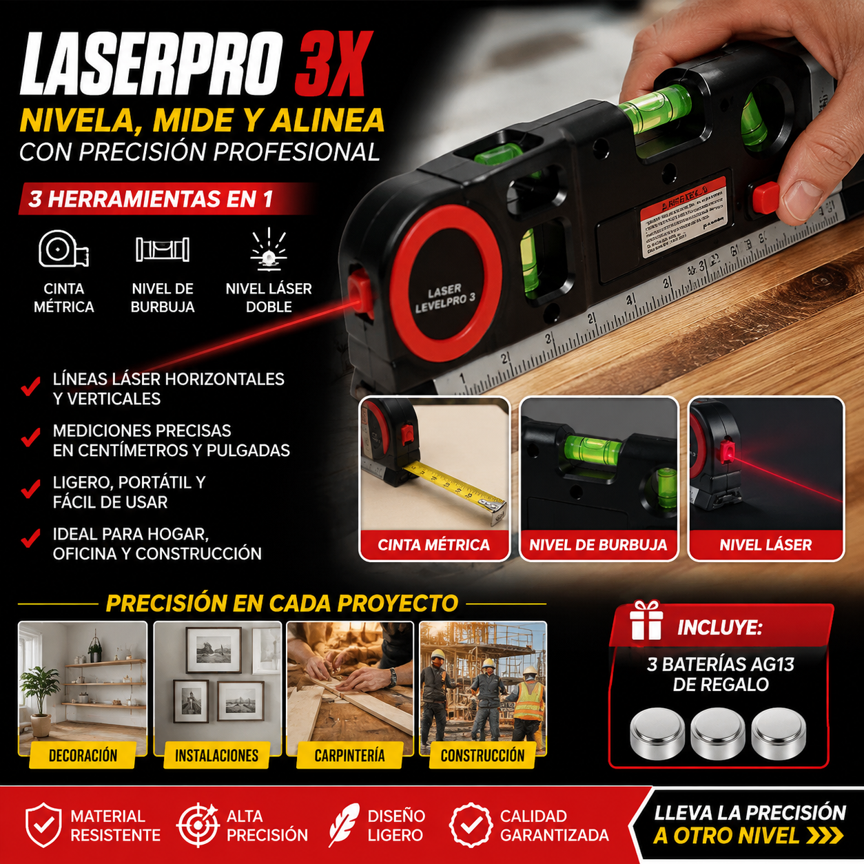LaserPro 3X™ Mide, nivela y alinea con precisión profesional