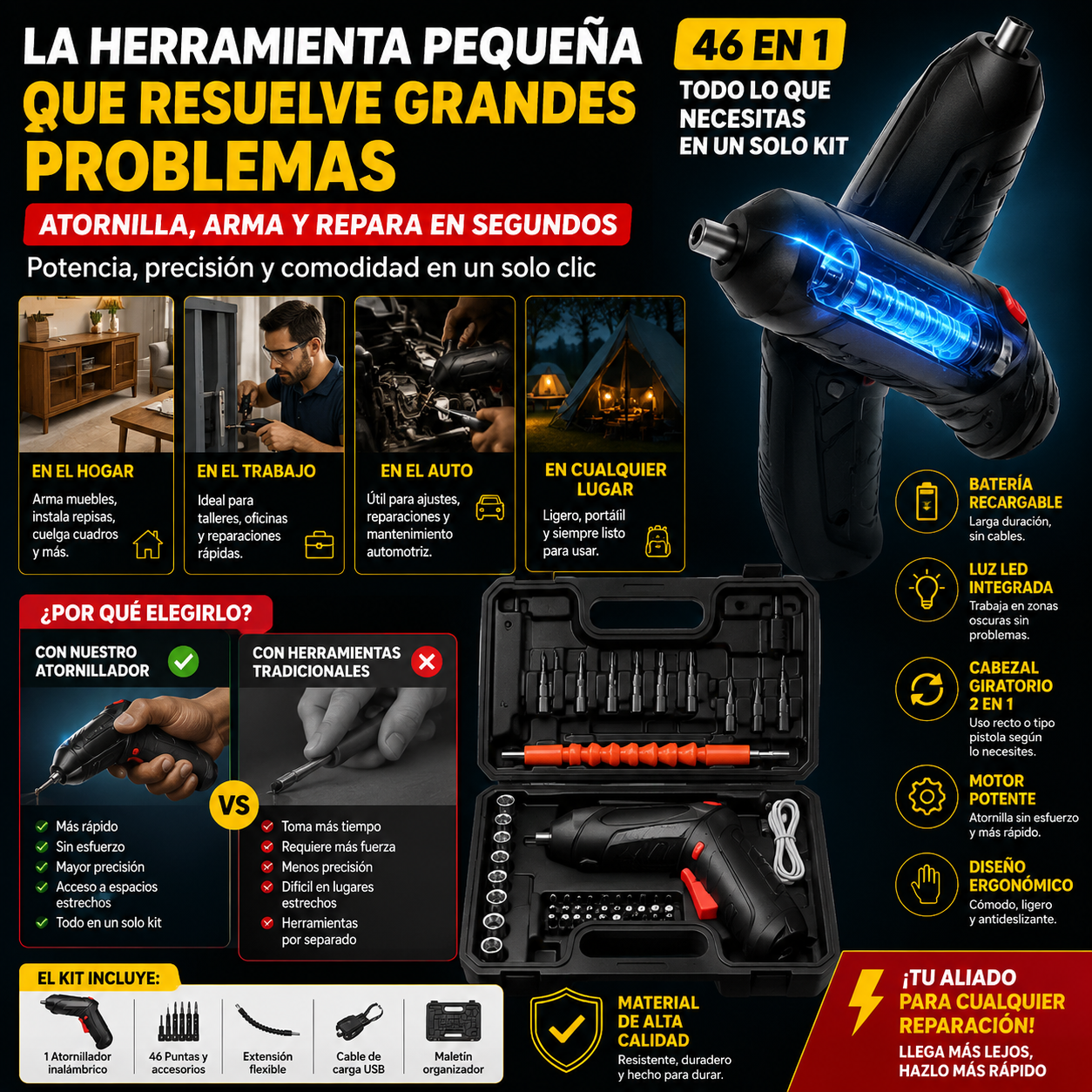 TorqueMax™ Kit Profesional de Atornillador Eléctrico Recargable 46 en 1