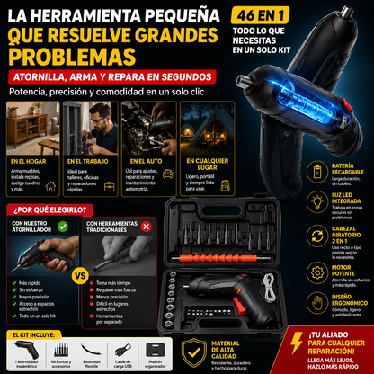 TorqueMax™ Kit Profesional de Atornillador Eléctrico Recargable 46 en 1