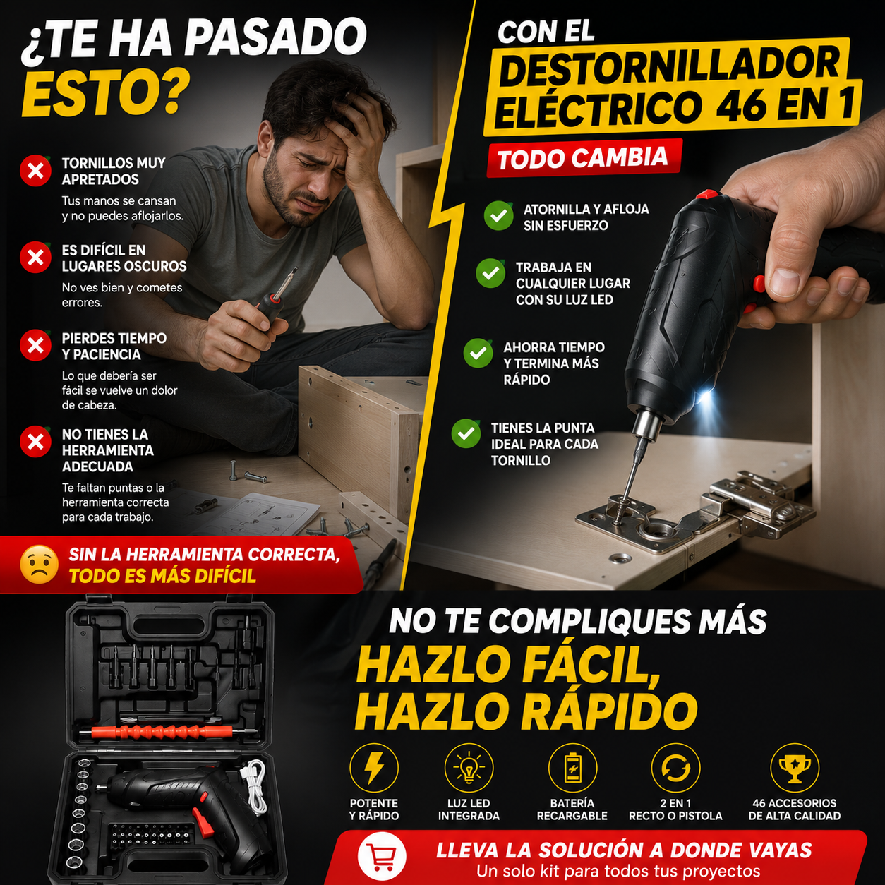 TorqueMax™ Kit Profesional de Atornillador Eléctrico Recargable 46 en 1