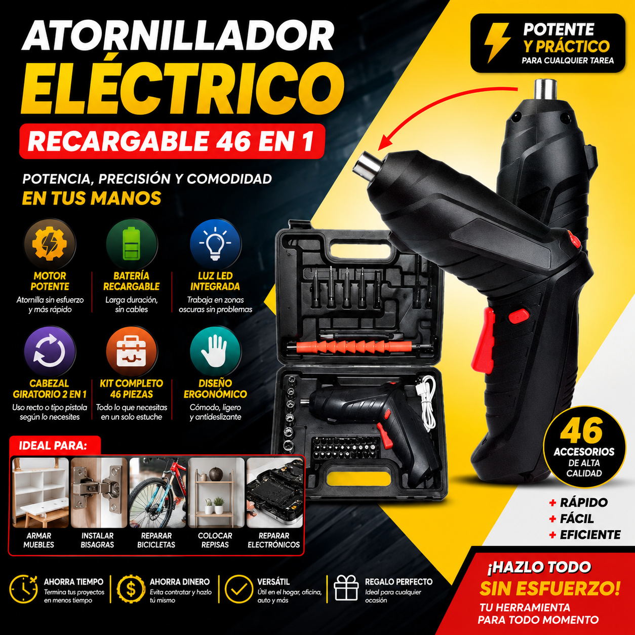 TorqueMax™ Kit Profesional de Atornillador Eléctrico Recargable 46 en 1