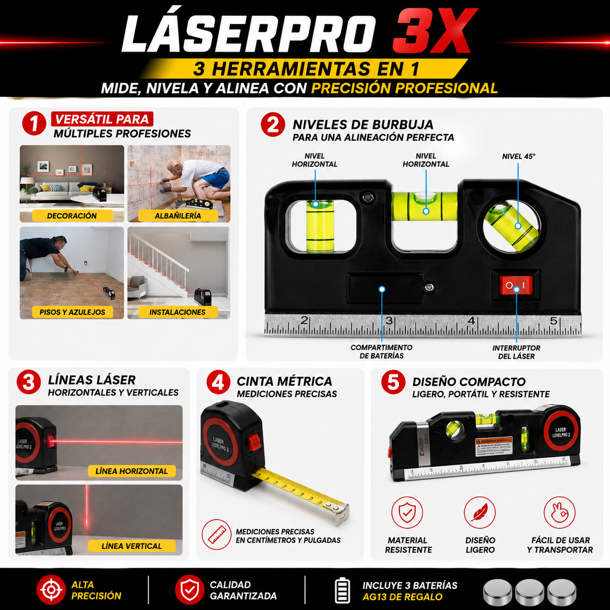 LaserPro 3X™ Mide, nivela y alinea con precisión profesional