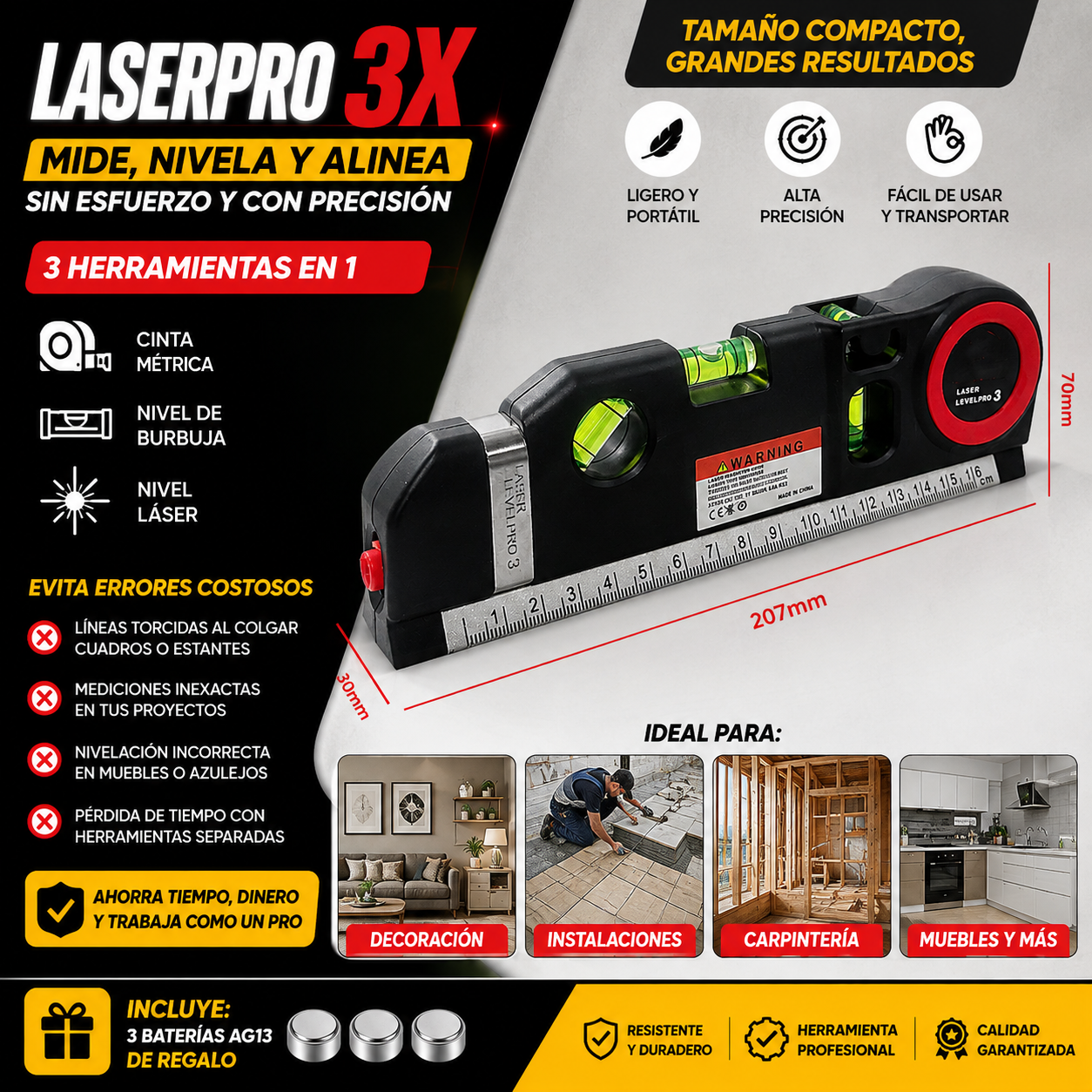 LaserPro 3X™ Mide, nivela y alinea con precisión profesional