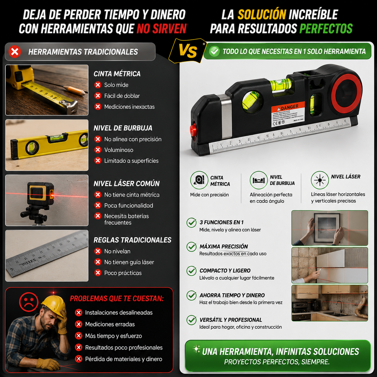 LaserPro 3X™ Mide, nivela y alinea con precisión profesional