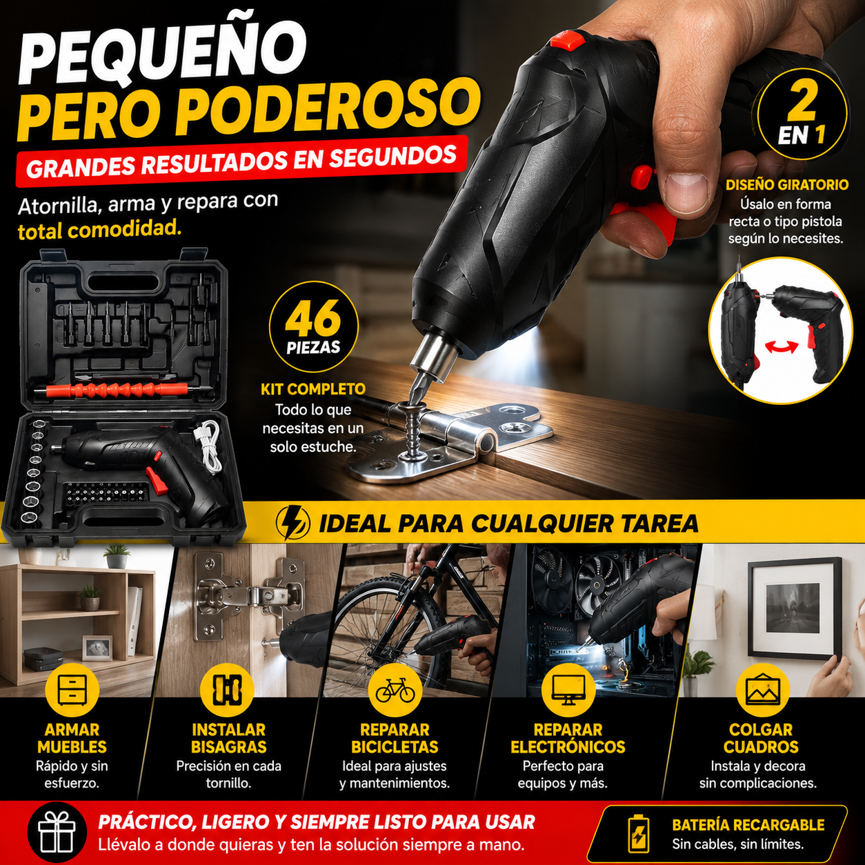 TorqueMax™ Kit Profesional de Atornillador Eléctrico Recargable 46 en 1